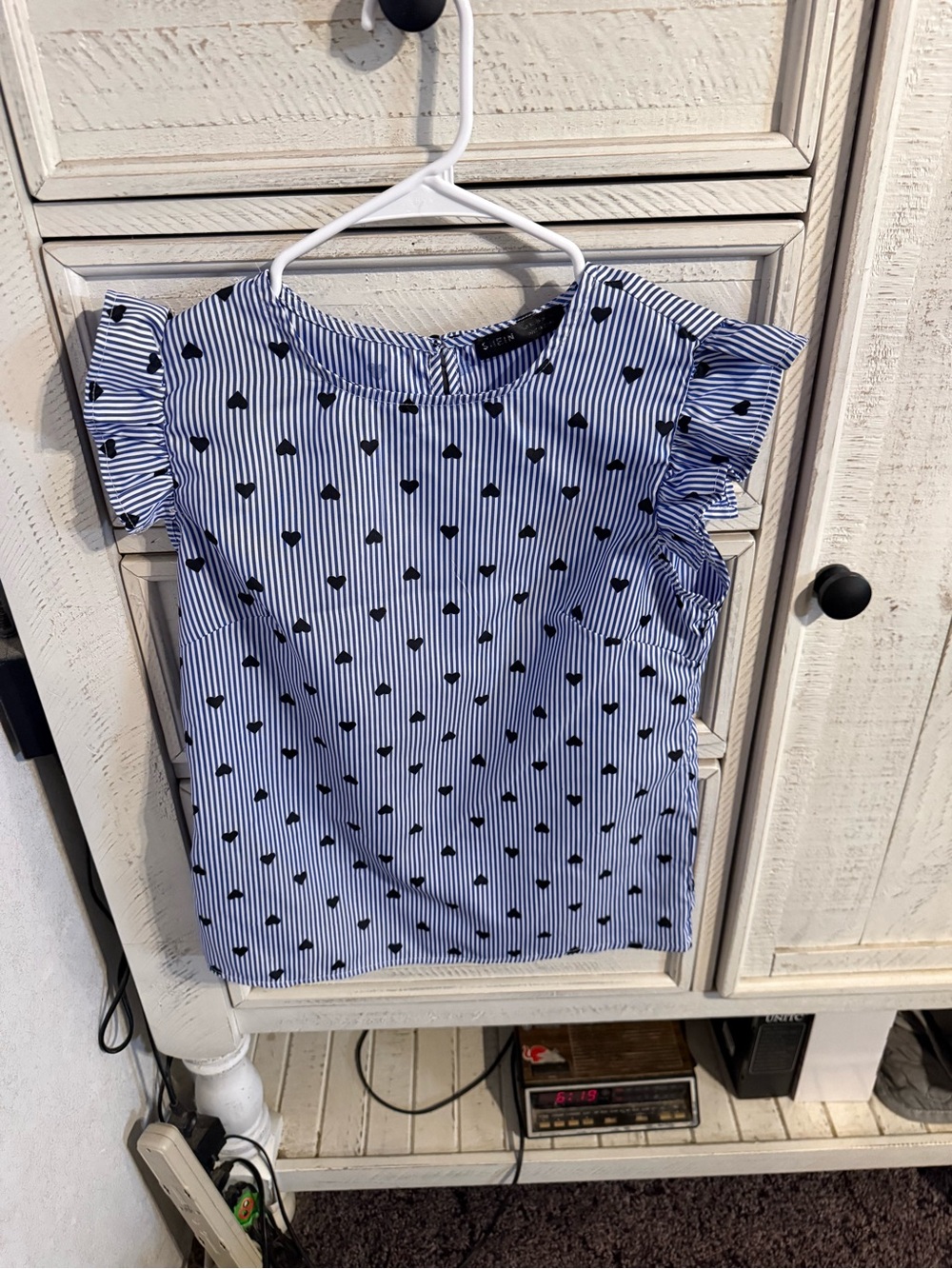 SHEIN Blue Striped Ruffle Sleeve Top with Black Heart Print